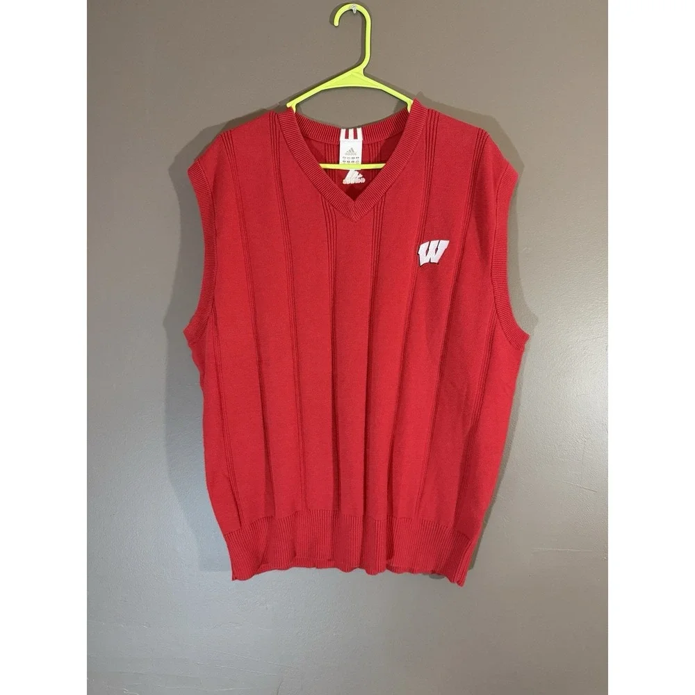 Adidas University of Wisconsin Badgers Men's 2XL Red Knit Sweater Vest Vtg